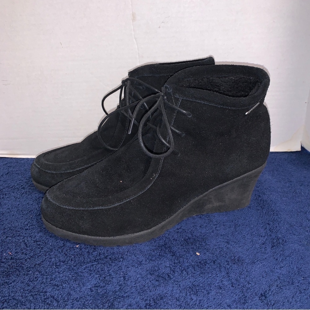 Bearpaw Angelina Wedge Ankle Boots Booties Black Suede Leather Women’s Size 10